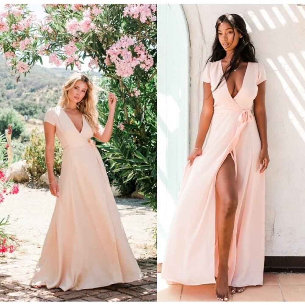 Resa Lindsay Wrap Dress Plunge V-Neck‎ Wedding Bridesmaid Satin Pink Small NWT